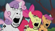 3soyjaks angry apple_bloom bbc ear glasses horn my_little_pony open_mouth purple_hair queen_of_spades scootaloo soyjak stubble sweetie_belle variant:cobson // 1280x720 // 830.9KB
