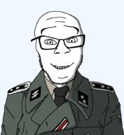 bald clothes coat collar_tabs collared_coat collared_shirt epaulettes glasses happy looking_at_you military military_uniform nazism necktie reichsadler schutzstaffel smile soyjak stubble transparent_background variant:feraljak world_war_2 // 840x912 // 31.4KB