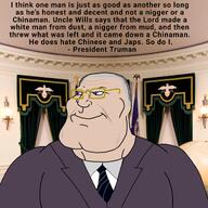 aryan blue_eyes christianity clothes glasses grey_hair harry_truman irl_background muscular_male old president racism subvariant:mexiaryan suit suit_and_tie variant:meximutt wrinkles // 2048x2048 // 1.5MB