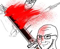 3soyjaks attacks_you blood closed_mouth full_body glasses open_mouth smile smug soyjak stubble sword variant:a24_slowburn_soyjak variant:soyak // 720x590 // 381.2KB