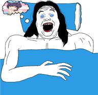 anime anime_female buff flag:transgender_pride_flag hair makeup open_mouth sleeping soyjak stubble template thought_bubble tranny variant:alicia // 2048x1986 // 590.4KB