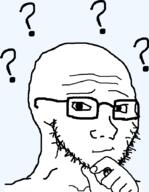 closed_mouth glasses hand looking_at_you nose question_mark raised_eyebrow smile smug soyjak stubble thinking variant:soyak // 702x907 // 17.3KB