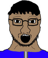blue_shirt brown_skin clothes glasses hair open_mouth soyjak stubble subvariant:soyak_front variant:soyak // 599x715 // 179.4KB