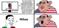 3soyjaks amerimutt angry balding bloodshot_eyes brown_skin closed_mouth clothes country cross crying ear flag glasses hair italy open_mouth smile smug stubble subvariant:chudjak_amerimutt tank_top television text united_states variant:a24_slowburn_soyjak variant:chudjak // 1750x835 // 298.6KB