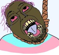 bloodshot_eyes brown_troonjak crying dead distorted flag glasses hair hanging nigger open_mouth purple_hair rope soyjak stubble subvariant:boat_rammer suicide template tongue tranny variant:bernd yellow_teeth // 1170x1097 // 402.0KB