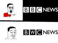 2soyjaks angry arm bbc bloodshot_eyes british_broadcasting_corporation bwc closed_mouth clothes crying flag glasses hair hand lips nazism open_mouth pointing pun smug soyjak tshirt variant:chudjak // 1600x1200 // 156.1KB