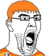 badge clothes glass hair open_mouth orange_hair soyjak soyzellig_party stubble variant:imhotep zach zarty // 529x655 // 81.3KB