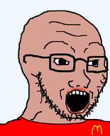 amerimutt glasses lips mcdonalds open_mouth red_shirt soyjak stubble variant:soyak // 644x800 // 15.9KB