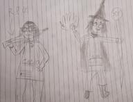 2soyjaks beanie closed_mouth clothes drawing female full_body glasses grin gun hair necklace rocket_launcher soyjak staff text variant:soytan wizard wizard_hat // 720x551 // 85.4KB