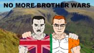 2soyjaks blue_eyes brown_hair brown_skin buff clothes ear eire flag flag:ireland flag:united_kingdom friendship ginger hair hand irl_background looking_at_you mountains mouth_closed muscles no_more_brother_wars soyjak subvariant:muscular_chud text variant:chudjak white_skin // 1335x750 // 1.8MB