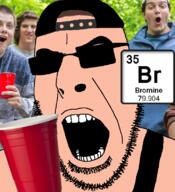 angry backwards_cap bromine brown_hair cap chemistry clothes drink element glasses hair halogen hat irl_background open_mouth sleeveless_shirt soyjak stubble sunglasses text variant:cobson white_skin // 721x789 // 362.0KB