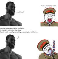 bloodshot_eyes clothes communism country crying flag gigachad glasses hammer_and_sickle hanging hat kgb military_cap necktie open_mouth rope russia russo_ukrainian_war soviet_union soyjak stubble suicide text ukraine variant:bernd vladimir_putin // 1517x1550 // 708.7KB