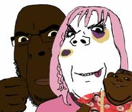 3soyjaks angry beaten black_skin closed_mouth clothes daddy's_girl domestic_violence femjak fist glasses mudshark necklace nikocado_avocado smile soyjak stubble variant:cobson variant:gapejak variant:impish_soyak_ears // 1000x850 // 98.3KB