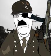 adolf_hitler angry closed_mouth clothes eyepatch glasses gun holding_gun holding_object holding_rifle necktie red_eyes sad smile smug soyjak stubble subvariant:nucob suit transparent_background variant:cobson // 827x897 // 254.5KB