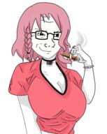 arm big_breasts breasts choker cigar closed_mouth coomer_artstyle daddy's_girl female glasses hair hand holding_object painted_nails pink_hair smile smoke smug soyjak variant:soyak // 500x627 // 1.2MB
