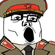 clothes communism glasses hammer_and_sickle hat kgb military_cap necktie open_mouth soyjak variant:tony_soprano_soyjak // 600x600 // 103.5KB