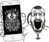 animal arm beard brown_hair clothes english_text glasses hair hammer hand heathenry holding_object holding_phone iphone mjolnir necklace open_mouth paganism phone scandinavian soyjak stubble subvariant:phoneplier subvariant:phoneplier_vertical teeth_showing tshirt variant:markiplier_soyjak woden wolf // 1125x976 // 814.9KB