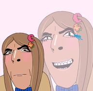 bow brown_skin closed_mouth female flower gyaru gyarujak laughing looking_at_you makeup mouth_open open_mouth orange_eyes pink_background plant ponpon ponytail school_uniform subvariant:cobgal teeth variant:cobson // 1100x1080 // 387.9KB