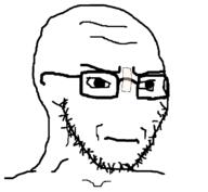 bald closed_mouth frown glasses irritated looking_to_the_right no_nose soyjak stubble tape variant:soyak white_background // 636x587 // 20.2KB