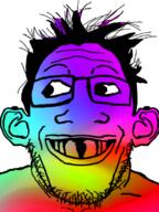 closed_mouth colorful deformed ear glasses hair soyjak stubble subvariant:grinlook_poggers teeth variant:markiplier_soyjak // 600x800 // 591.2KB