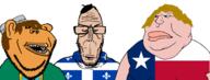 3soyjaks beret blue_eyes canada chudnater2(namefag) closed_mouth clothes ear fat flag flag:quebec flag:texas flag:washington fleur-de-lys george_washington glasses imperator_(user) joel_(user) mustache mutt_trio obese open_mouth quebec soyjak stubble subvariant:euromutt subvariant:impish_amerimutt teeth texas text united_states variant:impish_soyak_ears variant:markiplier_soyjak variant:meximutt washington yellow_hair // 2162x824 // 98.5KB