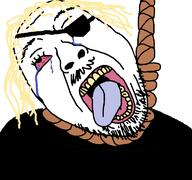 aemond_targaryen bloodshot_eyes crying dead eyepatch game_of_thrones hair hanging mustache open_mouth rope soyjak stubble suicide tongue variant:bernd yellow_hair yellow_teeth // 768x719 // 35.3KB