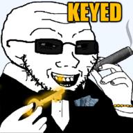 artist:broot cigar clothes glowing gold golden_tooth key keyed laughing open_mouth reaction smile soyjak_blog suit text tinted_glasses variant:soyak // 800x800 // 113.7KB
