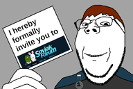 amphibian award brown_hair clothes frank frog glasses green_skin holding_object invite meta:not_oc nas:pepe nose pepe_and_buster pepe_the_frog rabbit red_lips shroom shroomteen smile soyjak soyjak_forum stubble subvariant:soyak_(smug) subvariant:wholesome_soyjak suit text variant:gapejak variant:soyak // 1200x800 // 194.8KB