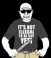 belt clothes full_body glasses holding_knife holding_object knife ring soyjak sunglasses text tom_metzger tshirt variant:unknown // 525x600 // 13.6KB