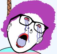 bloodshot_eyes clothes crying ear flag glasses hair hanging lipstick open_mouth purple_hair rope soyjak suicide tongue tranny variant:unknown // 614x589 // 16.4KB