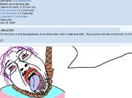 ack bloodshot_eyes crying lipstick meta purple_hair rope soybooru soyjak speech_bubble stubble suicide tear tranny troon variant:bernd yellow_teeth // 781x578 // 158.1KB