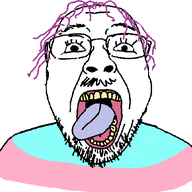 animated clothes flag glasses hair mustache open_mouth purple_hair soyjak stubble tongue tranny variant:bernd yellow_teeth // 434x432 // 17.5KB