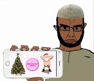 arab arabic_text beard brown_skin christmas christmas_tree closed_mouth clothes condom crying cyrillic_text ear glasses hand hat holding_object holding_phone iphone islam phone santa_claus soyjak subvariant:chudjak_front variant:chudjak video // 842x720, 22.2s // 11.0MB