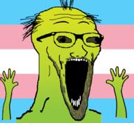 balding flag glasses green_skin hair hand hands_up kiwifarms open_mouth soyjak stubble subvariant:wewjak tranny variant:soyak // 640x590 // 85.1KB