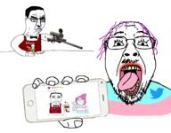 4soyjaks apron billions_must bowtie firearm flag glasses gun hair hand holding_gun holding_object holding_phone holding_rifle ice_cream imminent_death iphone milkshake open_mouth phone punisher_face purple_hair rifle scope sniper sniper_rifle stubble subvariant:chudjak_front subvariant:soylita teeth tongue tranny twitter variant:bernd variant:chudjak variant:gapejak weapon yellow_teeth // 2925x2282 // 855.5KB
