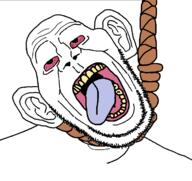 bloodshot_eyes ear hanging open_mouth rope soyjak stubble suicide tongue variant:britson yellow_teeth // 758x716 // 69.3KB