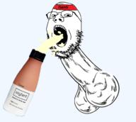 4chan bant_(4chan) bottle drinking_soylent glasses headband nsfw open_mouth penis plastic_bottle soy soyjak soylent soylent_(cacao) soylent_bottle stubble testicles variant:gapejak // 981x878 // 316.8KB