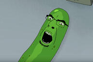 cartoon food glasses green_sclera green_skin green_teeth open_mouth pickle_rick rick_and_morty soyjak stubble variant:cobson vegetable // 1200x800 // 88.7KB