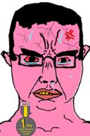 anger_mark badge bloodshot_eyes ear glasses hair mucus pink_skin soyjak soyjak_party subvariant:chudjak_front sweating text variant:chudjak vein yellow_teeth // 600x903 // 198.4KB