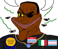 Beauregard_(user) aliased award black_shirt brown_skin certified_retard_award chain distorted eyepatch flag:transgender_pride_flag flies gem gold_chain hello_my_name_is_(sticker) italy jewelry ribbon smile stink_lines stinky stronghold stronghold_crusader subvariant:perceptive_chud trend:slopjak variant:chudjak yellow_sclera // 600x508 // 244.7KB