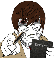 anime bloodshot_eyes brown_hair clittycel death_note kira_(death_note) light_yagami_(death_note) pen pointing pointing_at_viewer tired variant:feraljak // 840x900 // 435.3KB