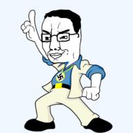 belt closed_mouth clothes disco full_body glasses gold_chain hair larry_laffer leisure_suit leisure_suit_larry lips nazism shoe smile smug suit swastika variant:chudjak video_game // 1628x1628 // 479.0KB