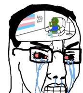 bloodshot_eyes chair crying flag frog glasses obsessed pepe pol_(4chan) rent_free room smirk smug soyjak text thigh_highs tranny variant:chudjak // 1072x1196 // 336.1KB