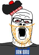 bloodshot_eyes clothes glasses grey_shirt hat irn_bru mustache open_mouth orange_mustache orange_stubble scotland soyjak stubble variant:a24_slowburn_soyjak yellow_teeth // 454x641 // 17.7KB