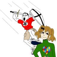 artist:sectionalism ashbie autism bow brown_eyes cargo_shorts female glasses hair hair_bow imminent_death jump lips nazism new_balance open_mouth shield shoe shorts smile swastika sword teeth teutonic_order twintails variant:chudjak // 2000x2032 // 833.4KB