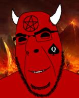bbc black_sclera demon facial_mark fire forehead_mark glasses hell horn lava mark_of_the_beast no_pupils pentagram_forehead_mark queen_of_spades red_skin satan smile soyjak stubble variant:cobson volcano // 721x891 // 243.6KB