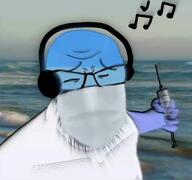 blue_skin calm closed_eyes clothes coronavirus_pandemic dr_fauci hand headphones holding_object mask mouth_mask music musical_note quarantine sad song stubble surgical_mask vaccine variant:feraljak video wave zoomer // 1600x1500, 75.5s // 15.3MB