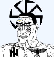 azov_battalion buff chin closed_mouth coat_of_arms cyrillic_text eagle ear eyebrows flag flag:ukraine glasses hair kolovrat mouth_closed muscles nazism neo_nazi pan_slavism reichsadler right_sector slav slavic sonnenrad soyjak subvariant:perceptive_chud tattoo template transparent transparent_background ukraine ukrainian_flag variant:chudjak wheel // 486x514 // 144.0KB