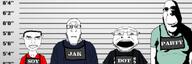 4soyjaks banner beard black_shirt blue_shirt closed_mouth glasses mugshot open_mouth red_shirt soyjak_party stubble subvariant:chudjak_front subvariant:hornyson subvariant:neutralplier surgeon variant:chudjak variant:cobson variant:coinjak variant:markiplier_soyjak // 300x100 // 23.4KB