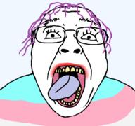clothes flag flag:transgender_pride_flag glasses hair lipstick makeup open_mouth purple_hair template tongue tranny transparent_background variant:bernd yellow_teeth // 1200x1125 // 213.2KB